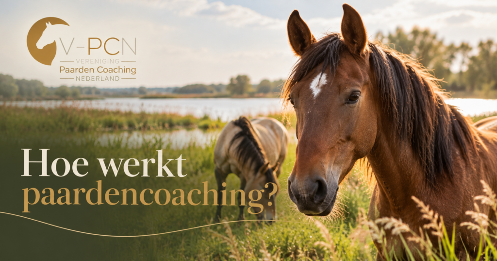 Hoe werkt paardencoaching? (Wat gebeurt er nu echt tijdens een sessie) 1 Bruin paard op de voorgrond met een tweede paard in een natuurlijke omgeving aan het water. Afbeelding bij het artikel ‘Hoe werkt paardencoaching?’ van V-PCN.