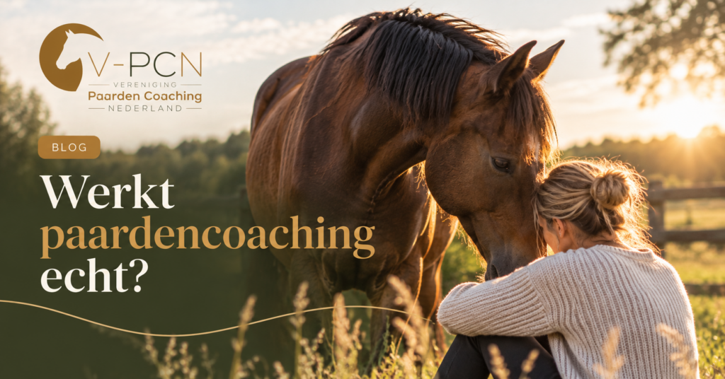 Een bruin paard zoekt contact met een vrouw die in het gras zit. De afbeelding bij de blog ‘Werkt paardencoaching echt?’ van V-PCN laat een rustig interactiemoment tussen mens en paard zien.