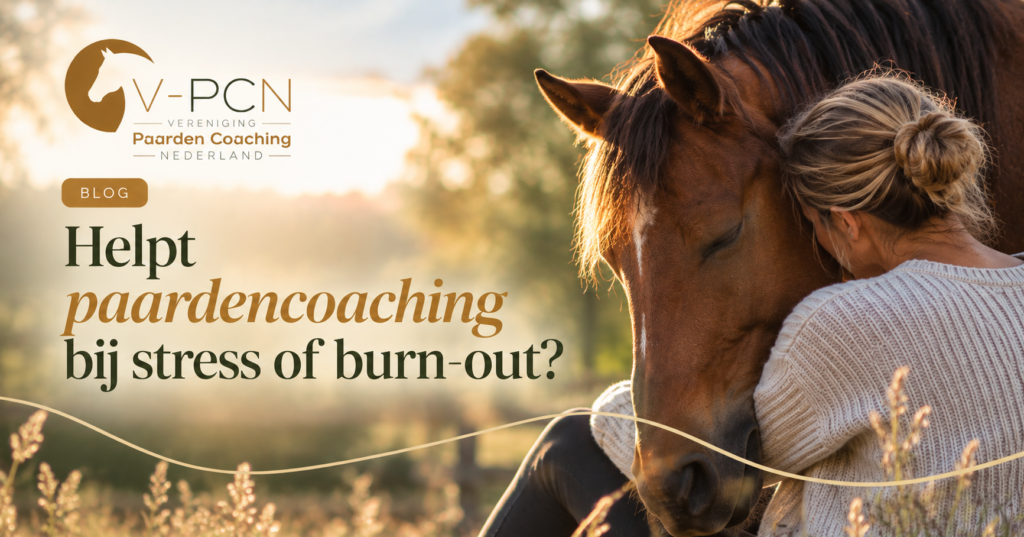 Helpt paardencoaching bij stress of burn-out? 1 Vrouw leunt ontspannen tegen een bruin paard in een natuurlijke omgeving. Illustratie bij de V-PCN-blog over paardencoaching bij stress en burn-out.