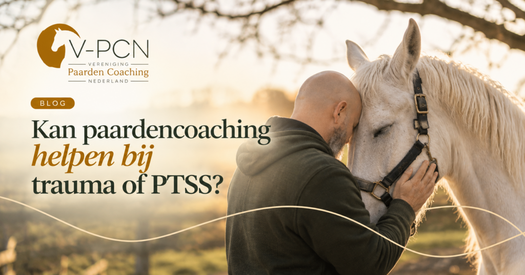 Kan paardencoaching helpen bij trauma of PTSS? 1 Man met zijn voorhoofd tegen een wit paard en een hand op het halster, in een rustige natuurlijke omgeving. Blogvisual over paardencoaching bij trauma en PTSS.