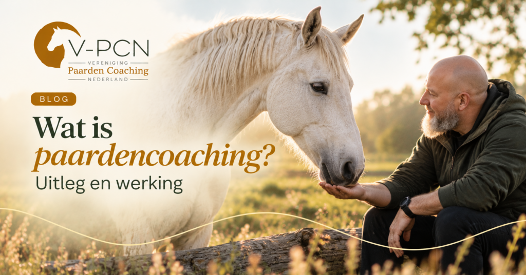 Wat is paardencoaching? Uitleg en werking | V-PCN 1 Een man zit naast een wit paard en houdt zijn hand onder de paardenneus tijdens een rustig contactmoment in de natuur. Illustratie bij de uitleg over paardencoaching van V-PCN.