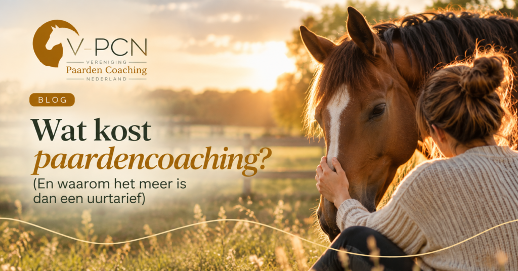 Wat kost paardencoaching? (En waarom het meer is dan een uurtarief) 1 Vrouw in een lichte trui maakt rustig contact met een bruin paard in een weiland bij zonsondergang. Blogvisual met de titel 'Wat kost paardencoaching?