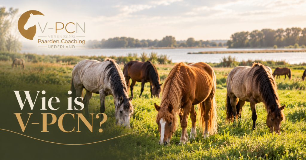 Wie is V-PCN? 1 Een groep paarden graast samen in een groene, natuurlijke omgeving. De afbeelding symboliseert verbinding en samenwerking binnen Vereniging Paardencoaching Nederland (V-PCN).
